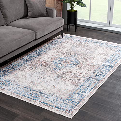 Bloom Rugs Caria Washable Non-Slip 4X6 Rug - Beige/Ocean Blue Area Rug For Living Room, Bedroom, Dining Room And Kitchen - Exact Size: 4' X 6' #TOP2