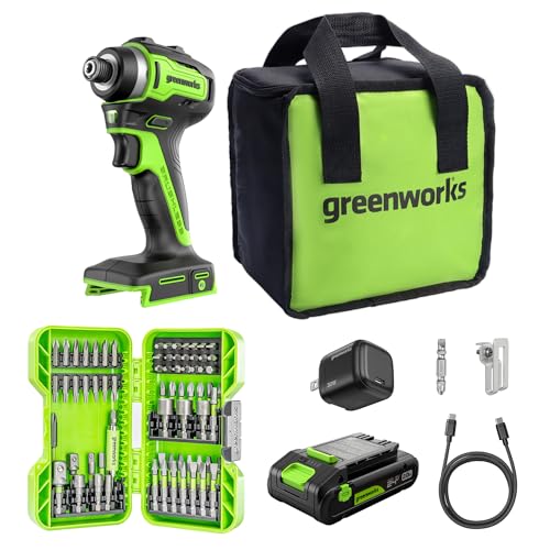 Image of Greenworks 24V Brushless Cordless Impact Driver (1950 in-lbs.), 1 /4 inch Hex Collet, 2.0Ah USB-C Battery, 30W USB-C Charger & 3.3FT Braided Cable +70PCS Impact Rated Driving Set