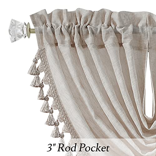 Vision Home Linen Semi Sheer Waterfall Valance Curtain With Decorative Tassles Trims Solid Beige Kitchen Cafe Curtain For Living Room Bedroom Rod Pocket 56X38 Inch,1 Panel #TOP4
