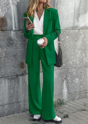 KIRUNDO Women Suits 2 Piece Set Business Casual Dressy Oversized Blazer Jacket and Wide Leg Dress Pantsuits Formal Outfits(Green, Small) — view 2