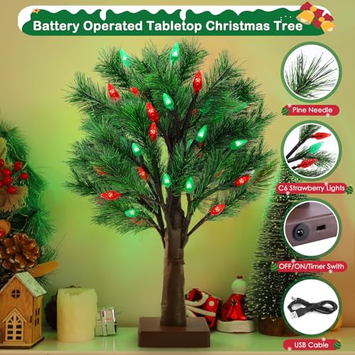 2 Pack Christmas Decorations Indoor Artificial Lighted Christmas Tree with C6 Strawberry,Total 48 LED Battery/USB Operated Pine Tree for Tabletop Fireplace Harvest Home Indoor Xmas Decor (Green) — view 5