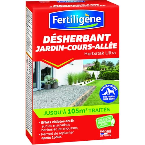 Fertiligène FDESA25N - Désherbant Ultra Concentré Jardin, Cours, Allées 250 ML - Détruit Rapidement Les Mauvaises Herbes et Les mousses - Composition Naturelle - Effets Visibles en 1h - Couvre 105 m²
