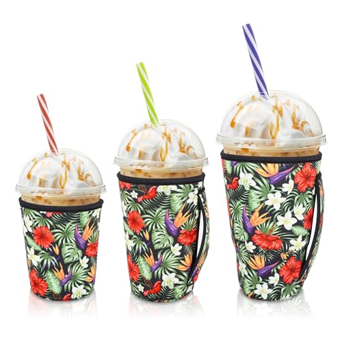 AJLTPA Iced Coffee Sleeve Insulator Sleeves for Cold Drinks Beverages, 3 Pack Reusable Neoprene Cup Sleeve with Handle for 16-32oz Coffee cups(Tropical Flower)