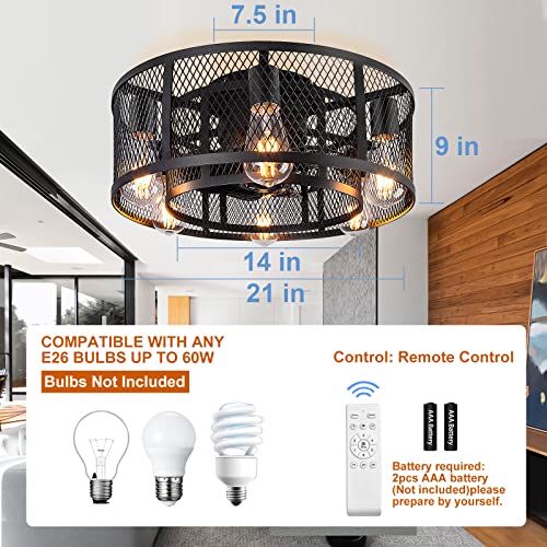 Ohniyou Cage Ceiling Fan With Light, 21 Inch Farmhouse Low Profile Ceiling Fan With Light Remote Control, Industrial Flush Mount Bladeless Ceiling Fan With Lights For Kitchen Bedroom Living Room #TOP5