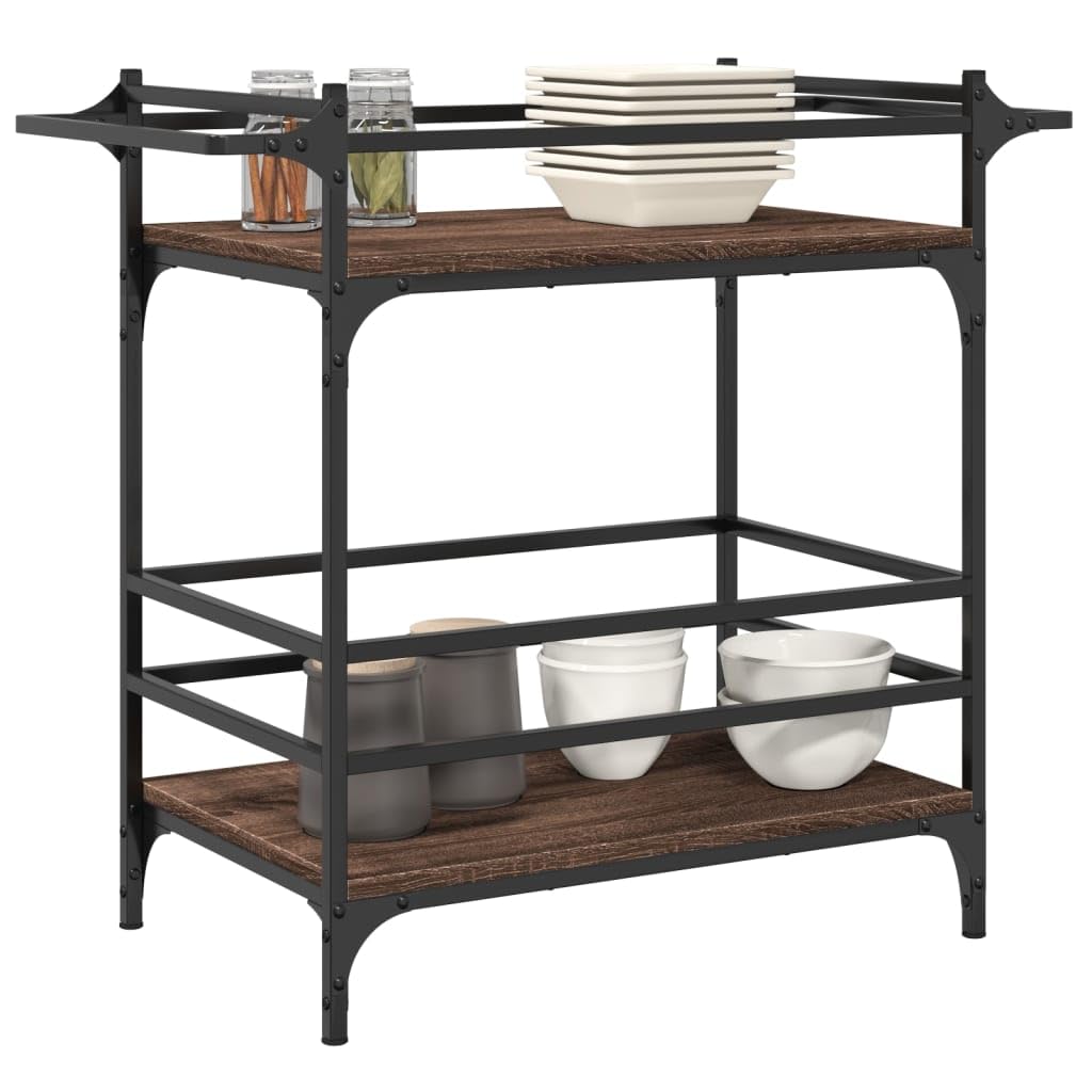 Hothingwell Carrello Cucina Rovere Marrone 82x40x78,5 cm, Carrello Portaverdure in Legno Multistrato con 4 Ruote e 2 Freni, Portaoggetti con Porta Strofinacci, per Cucina Soggiorno Bagno