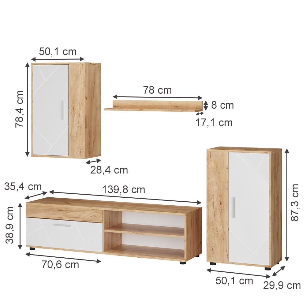 Vicco Meuble Mural Berno, Chêne doré/Blanc, Set de 4 pièces, Convient au Rangement des appareils multimédias et des Accessoires