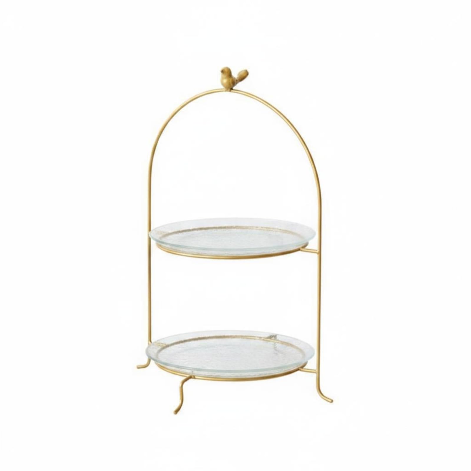 Portadolci con Uccellino Decorativo Alzatina in Vetro Dorato Stabile Porta Dolci Elegante in Ferro per Tocletta Trucco , Grande, Due Livelli, Con Piatto In Vetro