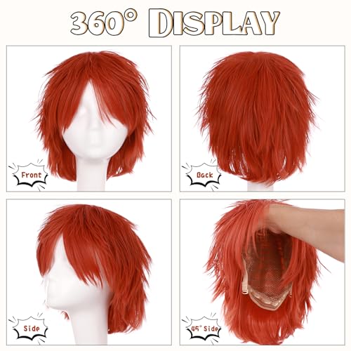 Image of S-noilite Unisex Short Anime Cosplay Hair Wig for Women Mens Short Fluffy Layered Pixie Wig Straight Synthetic Full Wigs for Halloween Comic-con Costume Party (Reddish Orange)