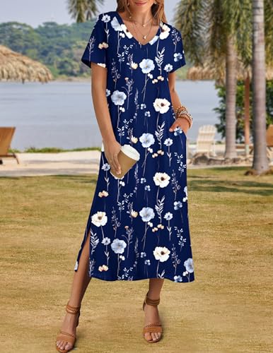 Image of Zeagoo Women Summer Floral Dress Short Sleeve Beach Dress with Pockets Casual V-Neck Split Long T-Shirt Dress Travel Vacation