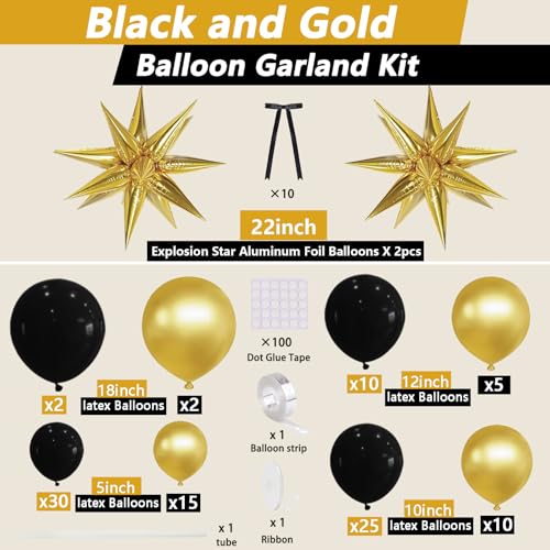 Image of Black and Gold Balloons Arch Garland Kit, 5 10 12 18 inch Black Gold Balloons with Explosion Star Balloons & 10pcs Black Bows,101pcs Balloons for Anniversary Wedding Birthday Party Decorations