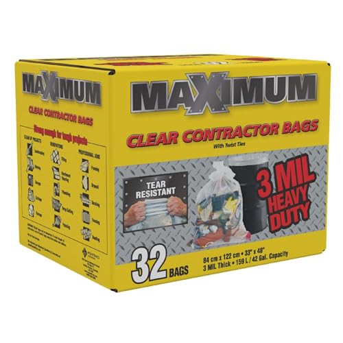 Maximum Heavy Duty Garbage Bags 42-Gallon 3 Mil Clear Garbage Bags Extra Large Tear Resistant Industrial Strength 32 Counts