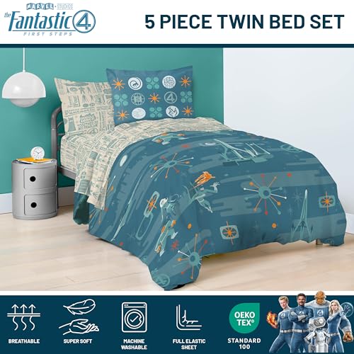 Image of Marvel Fantastic Four Twin Comforter Set 5 Piece Superhero Bedding, Blue | Bed in a Bag, Comforter Sheets Sham Pillowcase, Official Product, Soft Microfiber, Machine Washable, Easy Care, Kids Gift