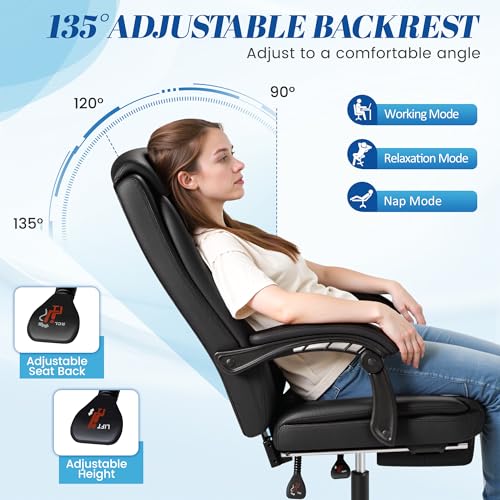 Image of Furmax Office Chair with Footrest Ergonomic High Back Design Executive Computer Desk Chair400lbs, 90-135 Reclining Leather Home Office Desk Chairs Swivel Task Chairs with Wheels(Black)