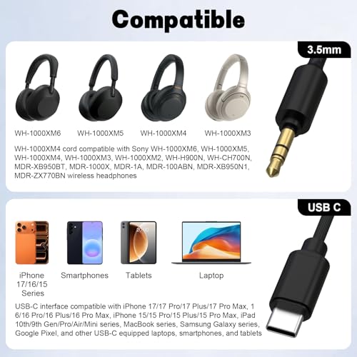 Image of WH-1000XM5 Aux Cable Compatible with Sony WH-1000XM6 WH-1000XM5 WH-1000XM4 WH-1000XM3 WH1000XM2 WH-XB910N WH-H900N WH-CH700N MDR-1A MDR-XB950BT MDR-XB950N1 MDR-1000X MDR-100ABN Headphones, 4.9ft