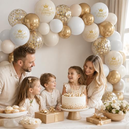 Image of White and Gold Birthday Balloons for Women Girls, Sand White Cream Beige Printed Balloons with Metallic Light Gold Confetti Balloon for Girls Women Boho Neutral Birthday Party Decorations