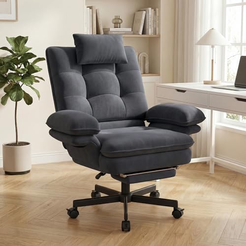 Image of Hawthyhome Ergonomic Office Chair with Flip Armrests for Cross Legged Sitting | Swivel Gaming & Reclining Armchair with Footrest | Velvet Wide Seat for Home Office, Vanity or Bedroom, Dark Grey