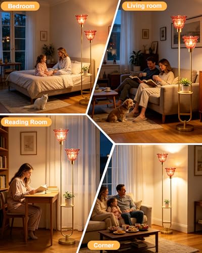 Image of Lightdot Flower Glass Floor Lamp with Table for Living Room 2-Lights Modern Gold Standing Tall Lamps with Pomegranate Red Glass Shade,LED Floor Lamp with Foot Switch for Bedroom (Bulbs Included)