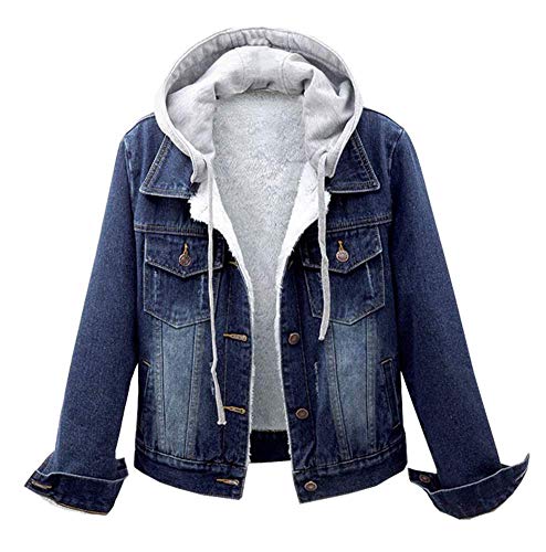 LifeShe Women's Winter Detachable Hoodie Sherpa Fur Fleece Lined Denim Jean Trucker Jacket Coat (Deep Blue, L)