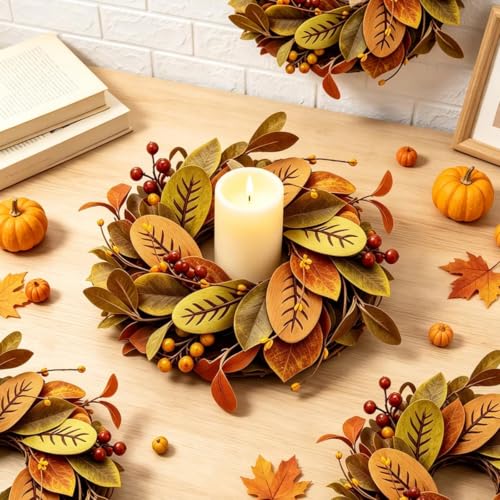 Image of 6 PCS Fall Eucalyptus Candle Ring Wreaths Autumn Wooden Leaves Candle Holder Rings with Berries Mini Thanksgiving Harvest Farmhouse Wreath for Pillar Candle Mantel Cabinet Home Table Centerpiece Decor