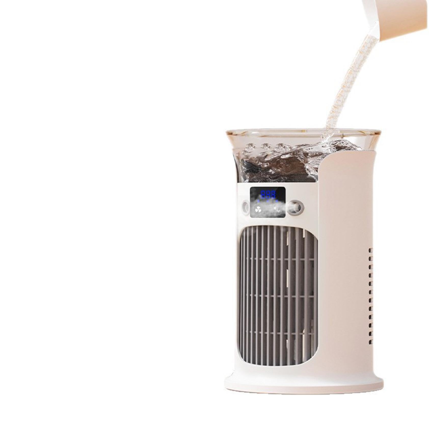 Mini Klimatyzator Przenośny, Wielofunkcyjny 4 w 1, 3 Prędkości Wiatru, Zbiornik na Wodę Możliwość Napełnienia Wodą Zimną lub Lodem, Nocna Lampka LED 7 Kolorów, Do Domu, Biura i Na Zewnątrz (Żółty)