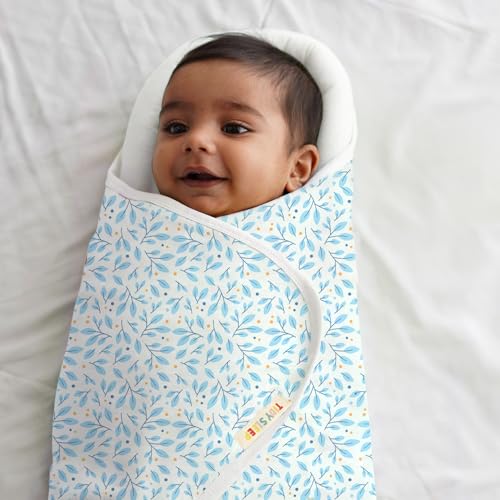 Image of TIDY SLEEP Baby Swaddle Wrappper Adjustable for Newborn || 100% Cotton Soft || Newborn Blanket for 0-3 Months (Blue Leaf)