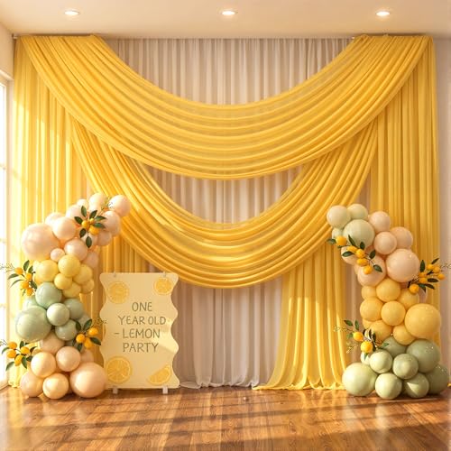 Image of Wedding Arch Draping Fabric, 2 Panels 30 inch x 20Ft Yellow Sheer Curtain Drapes Extra Wide & Long Backdrop Curtains for Bridal Shower Backdrop Outdoor Party Arches Church Ceremony Decoration