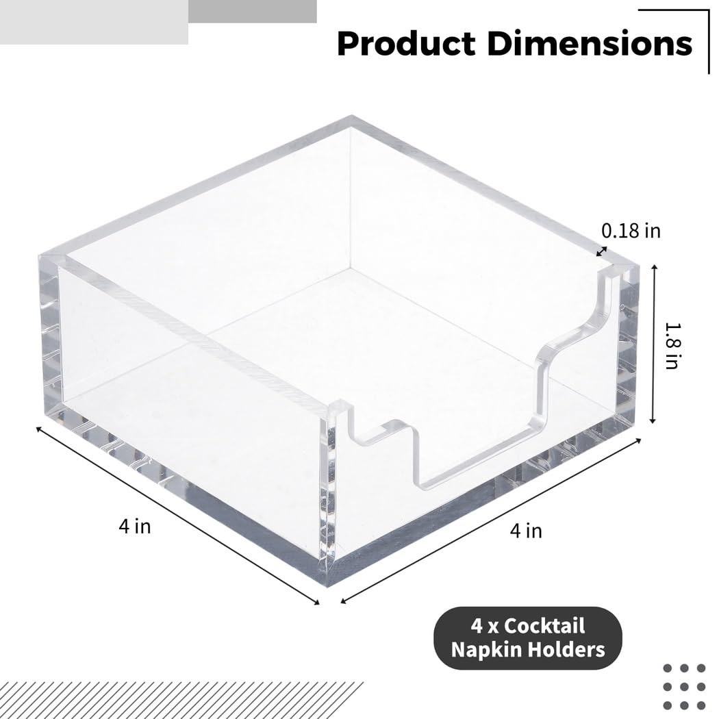 4 servilleteros acrílicos para cóctel, organizador de servilletas cuadrado transparente de 4 x 4 pulgadas para bar, cocina, mesa, baño, dispensador de servilletas de papel