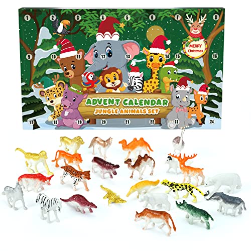 GWHOLE Calendrier de L'avent 2022, Calendrier de L'avent Animaux Jouet 24 Pcs Figurine Animaux Jungle Calendriers De Noël avec Carte de Voeux pour Cadeau Noel Enfant Cover