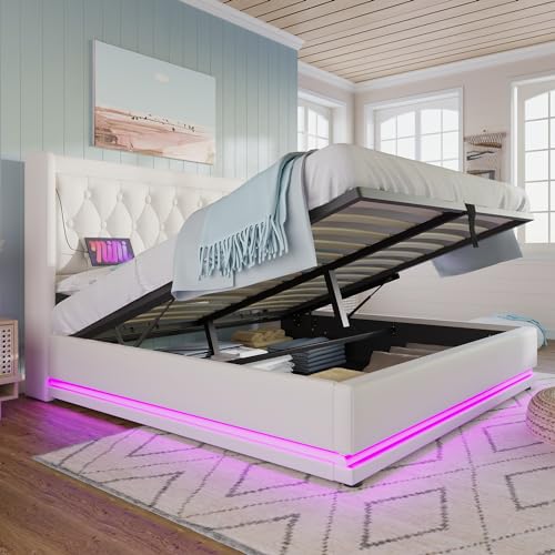 Dolamaní Doppelbett 180x200 cm Modern mit Stauraum, Boxspringbett mit Bettkasten Polsterbett, Polster Kopfteil, Funktionsbett, Stauraumbett, Weiß-PU