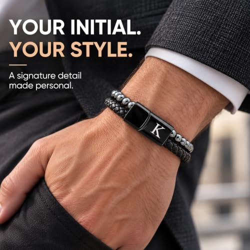 Initial Bracelet for Men, Black Hematite Beads & Braided Leather Bracelet - image 2