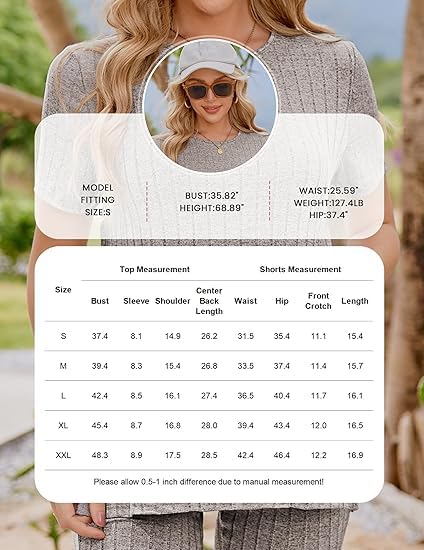 Image of Ekouaer Maternity Sets 2 Piece Outfits Ribbed Knit Short Sleeve Shirts and Biker Shorts Pregnancy Loungewear Mama Clothes