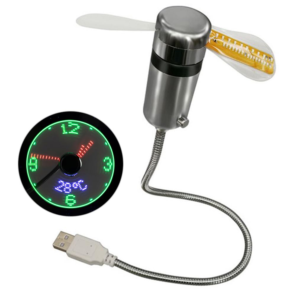 HTU Small Night Light Time Temperature Display LED Clock Fan DC 5V Mini Cooling Flashing Fan USB Powered Flexible Gooseneck LED Clock Real Time Display for Laptop PC Notebook