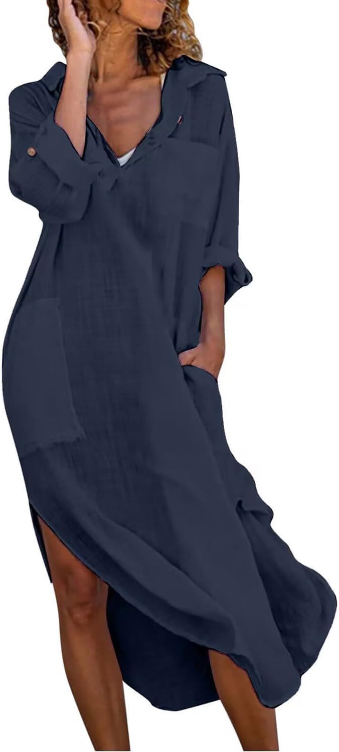 chouyatou Women's Spring Summer Cotton Linen Shirt Dress Button Down Casual Loose Maxi Shift Dress
