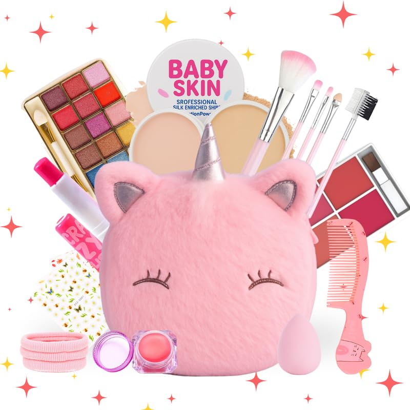 Linivya Kids Real Makeup Kit for Girls & Teens with Unicorn Pink Bag | 20-Piece Set – Non-Toxic, Safe & Washable – Birthday Gift for Ages 6–17