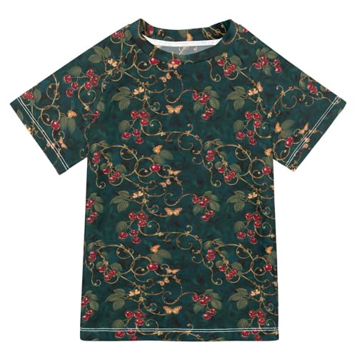 ALAZA Kids Rash Guard Girls Toddler Swim Shirts Short Sleeve Vine Red Berry UPF 50+ 3T