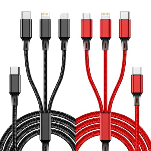 Qi Gxinr Multi Charger Cable 3 in 1 Charging Cables (2 Pack 4.1ft) USB C to Micro USB IP Type C Cable Braided Mobile Phone Chargers for iPhone Samsung iPad Xiaomi and more(Black+Red)