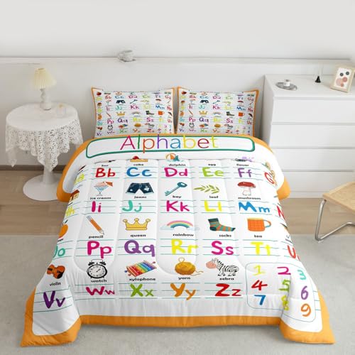 Image of Feelyou ABC Alphabet Comforter Set Full Size, Cute Educational Learning Tool Bedding Set for Kids Toddler Cartoon Animal Comforter Learning Educational Duvet Set Durable Bed Set 3Pcs