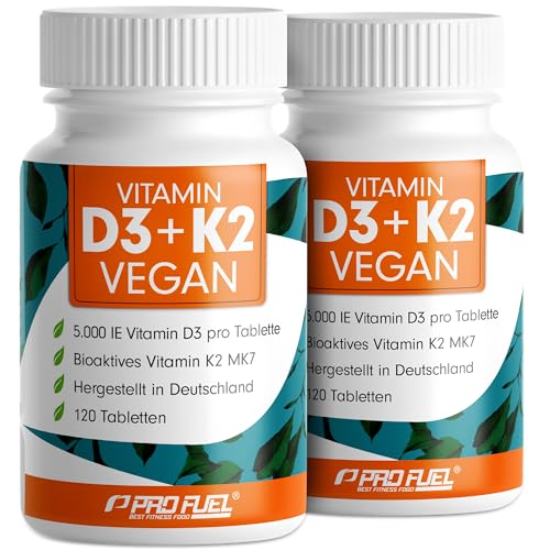 Vitamin D3 K2 VEGAN - 240 Tabletten mit 5000 IE D3 + 200 mcg K2 (MK7) - Vitamin D3 optimal hochdosiert und vegan - Vitamin K2 in bioaktiver MK7-Form - laborgeprüft mit Zertifikat