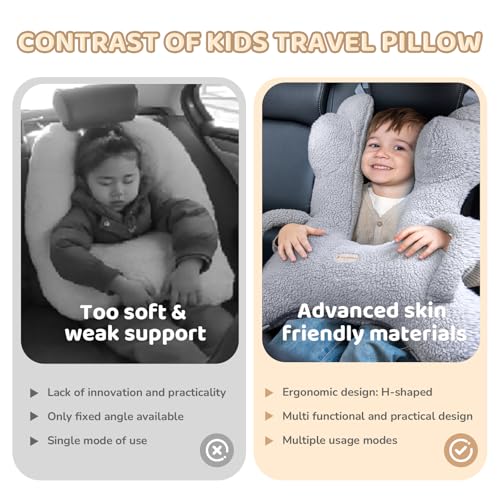 Image of FLORICH Car Sleeping Travel Pillow for Kids, Kids Travel Pillow Removable H-Shaped Pillow for Adults and Children to Support Head and Body Road Trips with Neck Pillow and Blanket (Grey)