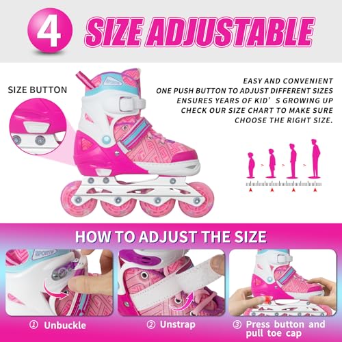 Image of Nattork Adjustable Inline Skates for Youth Big Girls - with Light up Wheels - Pink Blade Roller Skating for Beginners Size 5 6 7 8 Ages 11 12 13