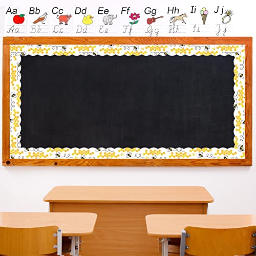 Image of Whaline 69Ft Bee Bulletin Board Borders Black Yellow Cartoon Bees Honeycomb Bulletin Board Stickers Plaid Daisy Flower Border Trim for Classroom Office Bee Themed Party Decoration, 60 Pcs