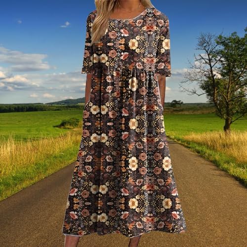 Womens 2024 Boho Summer Short Sleeve Floral Print Maxi Dress Casual Loose Fit Beach A Line Dresses with Pockets - Image 2