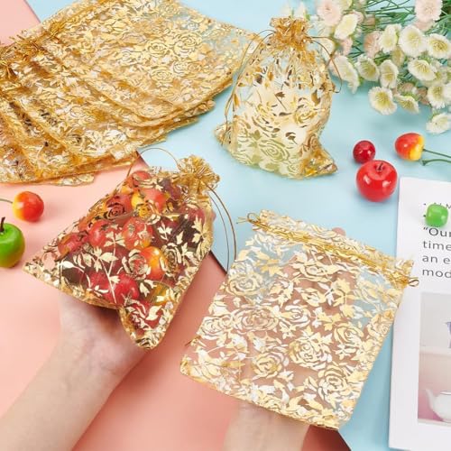 Image of XCLUSY 50PCS (13X18CM)(5x7 inchINCH) Potli Bags for Gifting - Multipurpose Wedding Return Gift Bags | Party Favour, Birthday, Anniversary, Festive Packing Pouches | Organza, Cloth, Brocade, Fancy Luxury Goodie Bags (GOLDEN, 1 Count(Pack of 50))