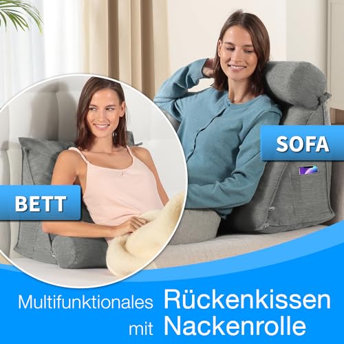 ELONEO Rückenkissen Bett/Sofa mit Abnehmbarer Nackenrolle und Seitentasche, Rückenstützkissen mit Nackenkissen, Bezug waschbar, Lesekissen, Bücherkissen, Rückenlehne
