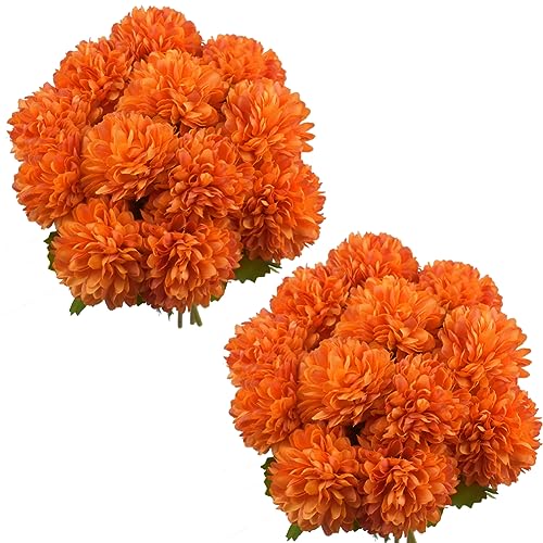WISTART 20PCS Orange Artificial Marigold Flowers Bulk Ball Flowers Bouquets Plastic Hydrangea Silk Flowers Arrangement for Halloween Home Party Decoration（Orange