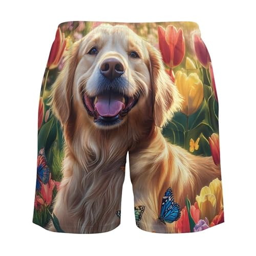 Retriever Sitting in Tulips Flower Mens Swim Trunks with Quick-Drying Lining Beach Shorts for Outdoor Sports4