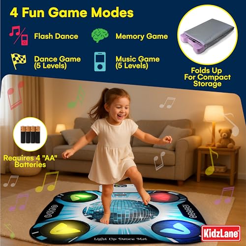 Image of Kidzlane Light Up DJ Dance Mat for Kids - Bluetooth & AUX Compatible - 3 Fun Arcade Games with 5 Difficulty Levels - Detachable Discoball & Fairytail - Adjustable Volume - Ages 6+