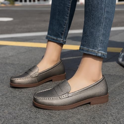 Image of Women's Comfortable Leather Penny Loafers Slip On Business Casual Dress Shoes Lightweight Office Work Flats Everyday Walking Shoes for Women