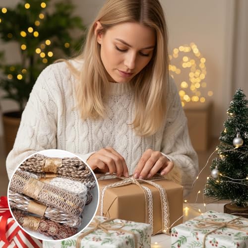 Xinjoduz Lot de 9 rouleaux de ruban de dentelle en toile de jute naturelle, 18 m de long pour travaux manuels, couture, décorations de mariage rustiques, emballages cadeaux et fournitures de fête (9 – vue 4