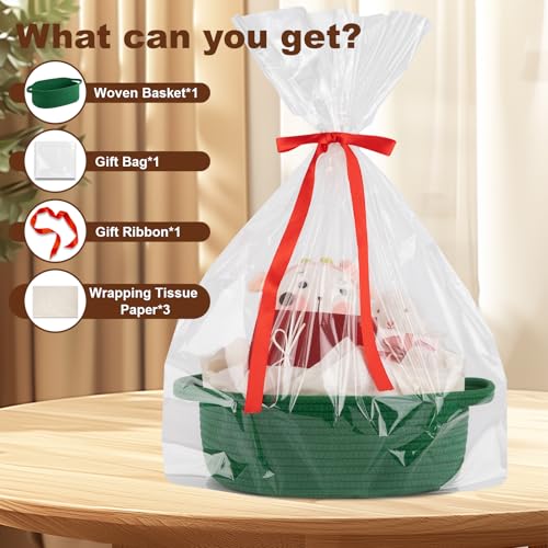Image of OIAHOMY Gift Basket with Handle, Small Woven Basket with Gift Bag, Ribbon and Wrap Tissue Paper, Nursery Bins Empty to Fill with Small Items, Baby, Pet Toy Organizer - Deep Green